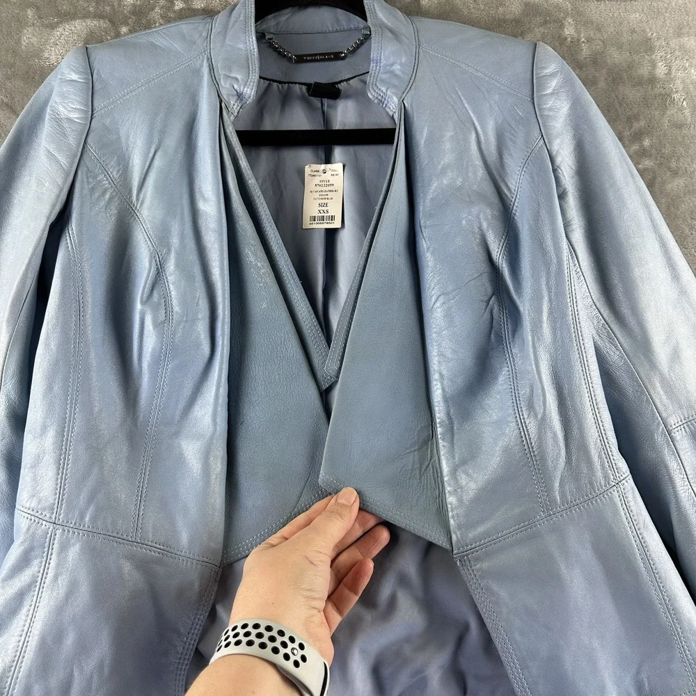 White House Black Market Leather Jacket Women's XXS Blue Cascading Lapel 3/4 NEW - Picture 5 of 13